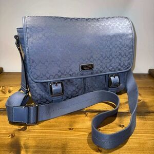 Coach F70283 Blue Signature Stripe Messenger Bag Crossbody Laptop School Bookbag